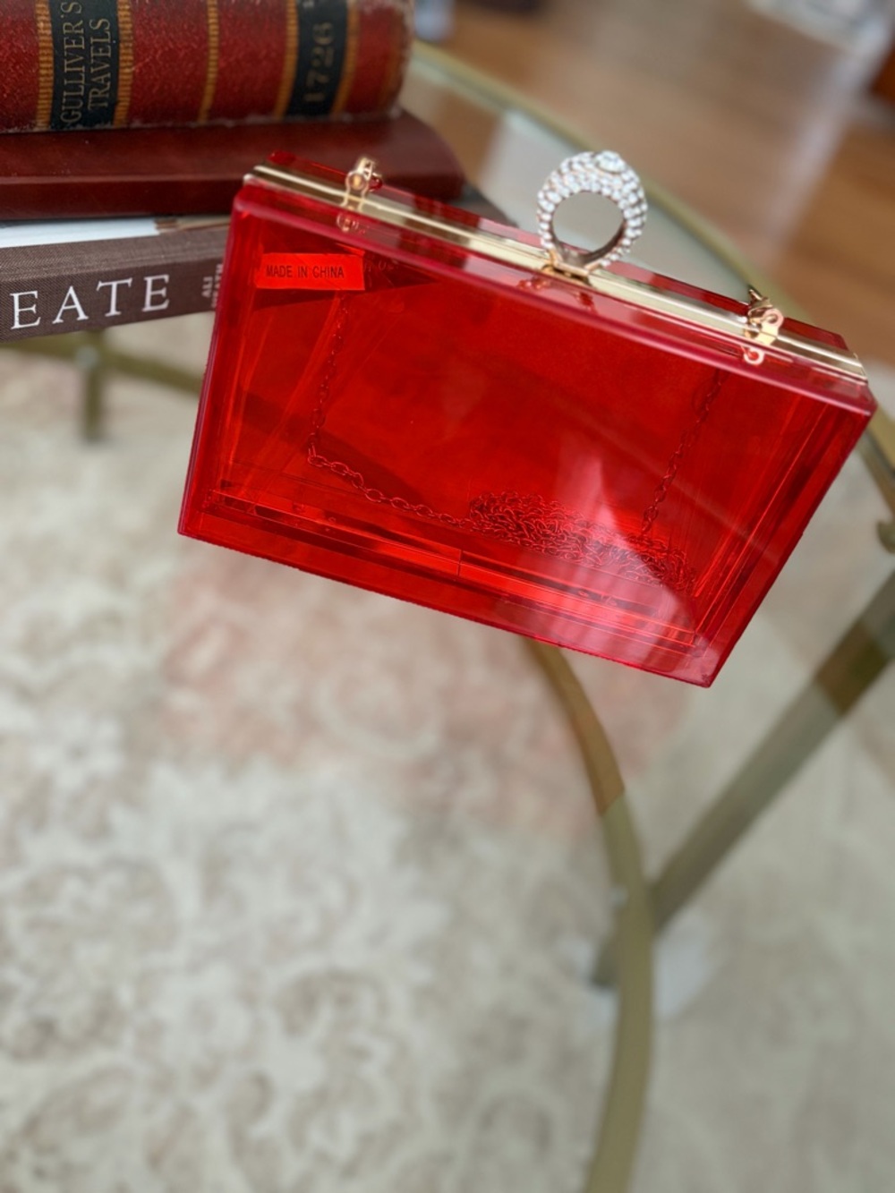 Red Acrylic Box Clutch Rhinestone Ring Clasp Gold Chain Evening Bag - Picture 7 of 14